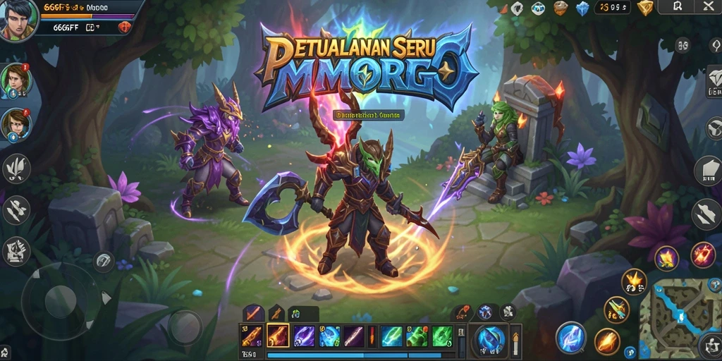 Screenshot gameplay menunjukkan pertarungan epik dalam dunia MMORPG.