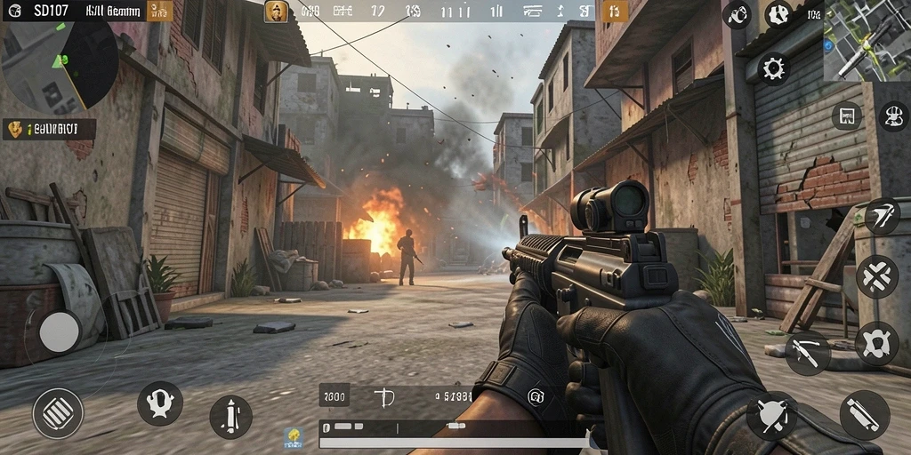Tangkapan layar gameplay SD107 menunjukkan aksi tembak-menembak yang seru dan mendebarkan.