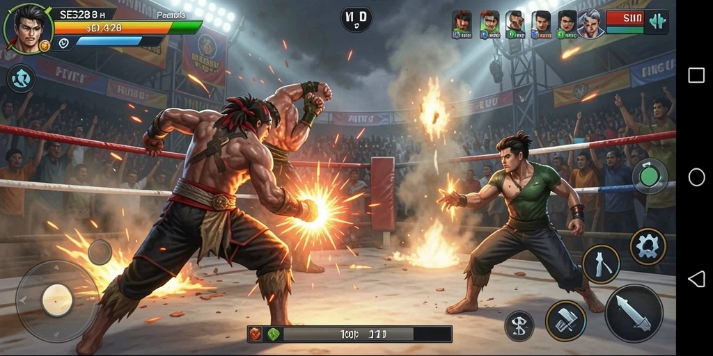 Tampilan pertarungan seru dengan karakter bertarung di arena.