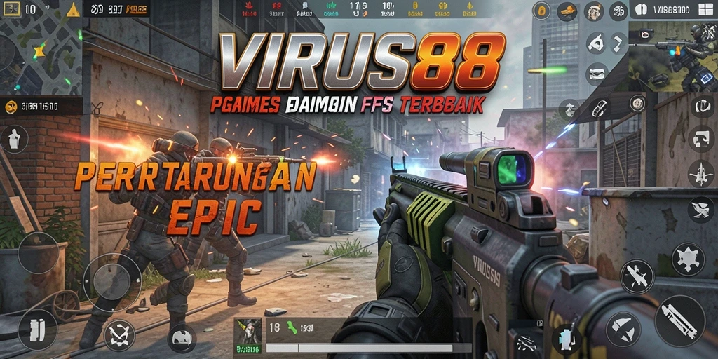 Menampilkan gameplay intens dari <strong>VIRUS88</strong> saat pertempuran berlangsung.